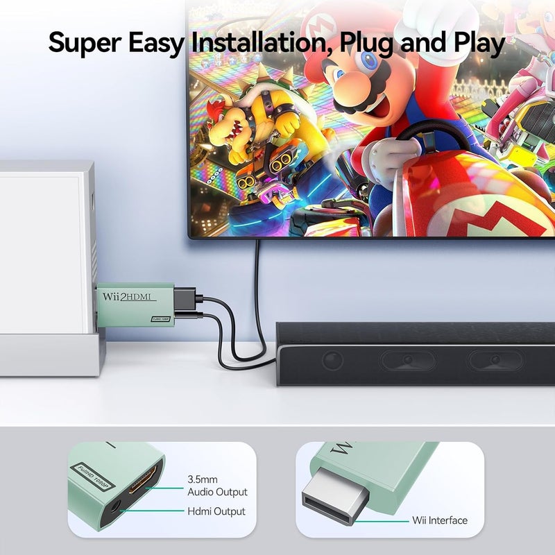 GANA Wii to HDMI Converter Adapter with Hdmi Cable Connect Wii Console to HDMI Display in 1080p Output Video with 3.5mm Audio Supports All Wii Display Modes Turquoise - Image 4